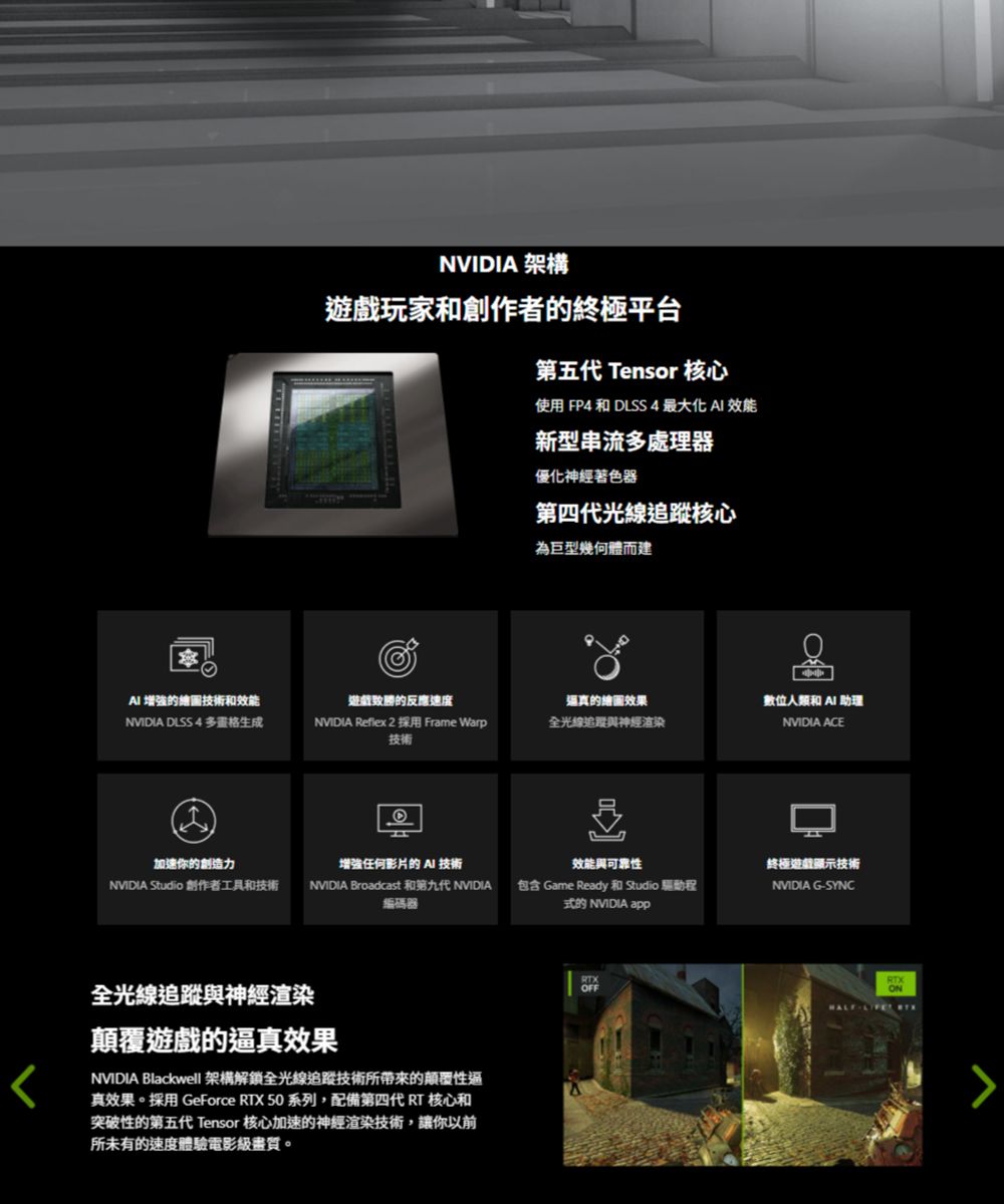 NVIDIA 架構遊戲玩家和創作者的終極平台第五代 ensor 核心使用 FP4 和 DLSS 4 最大化  效能新型串流多處理器優化神經著色器第四代光線追蹤核心為巨型幾何體而建增強的繪圖技術和效能遊戲的反應速度逼真的繪圖效果NVIDIA DLSS4 多格生成NVIDIA Reflex Frame Warp全光線追蹤神經渲染技術加速你的創造力增强任何影片的  技術效能與可靠性NVIDIA Studio 創作者工具和技術NVIDIA Broadcast 和第九代 NVIDIA 包含 Game Ready 和 Studio 驅動程編碼器式的 NVIDIA app全光線追蹤與神經渲染顛覆遊戲的逼真效果NVIDIA Blackwell 架構解鎖全光線追蹤技術所帶來的顛覆性逼真效果採用 GeForce RTX 50 系列,配備第四代 RT 核心和突破性的第五代 Tensor 核心加速的神經渲染技術,讓你以前所未有的速度體驗電影級。RTXOFF數位人類和AI 助理NVIDIA ACE終極遊戲顯示技術NVIDIA GSYNCRTXON- T