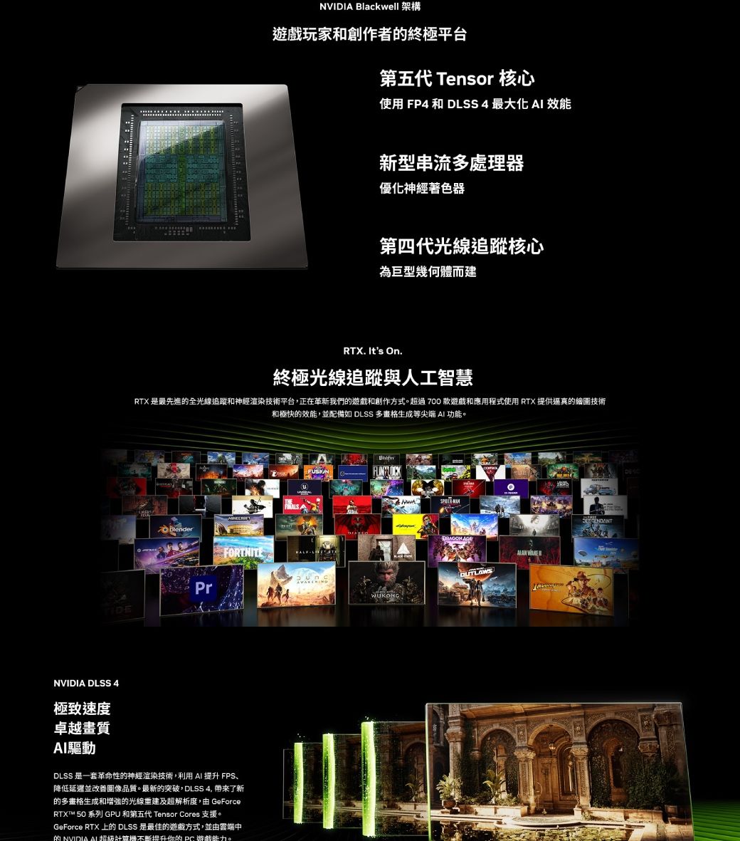 NVIDIA Blackwell 架構玩家和創作者終極平台第五代 Tensor 核心使用 FP4 和 DLSS 4 最大化  效能新型串流多處理器優化神經著色器第四代光線追蹤核心為巨型幾何體而建RTX. Its On.終極光線追蹤與人工智慧RTX 是最先進的全光線追蹤和神經渲染技術平台,正在革新我們的遊戲和創作方式。超700款遊戲和應用程式使用 RTX 提供過真的縮圖技術和極快的效能,並配備如 DLSS 多畫格生成等尖端  功能。FORTNITEPrNVIDIA DLSS 4極致速度卓越質AI驅動DLSS 是一套革命性的神經渲染技術,利用AI 提升 FPS降低延遲並改善品質。最新的突破,DLSS  了新的多畫格生成和增強的光線重建及超解析度,由 GeForceRTXT 50 系列 GPU 和第五代 Tensor Cores 支援。GeForce RTX 上的 DLSS 是最佳的遊戲方式,並由雲端中的 NVIDIA AI 計算機不斷提升你的遊戲。  WUKONG