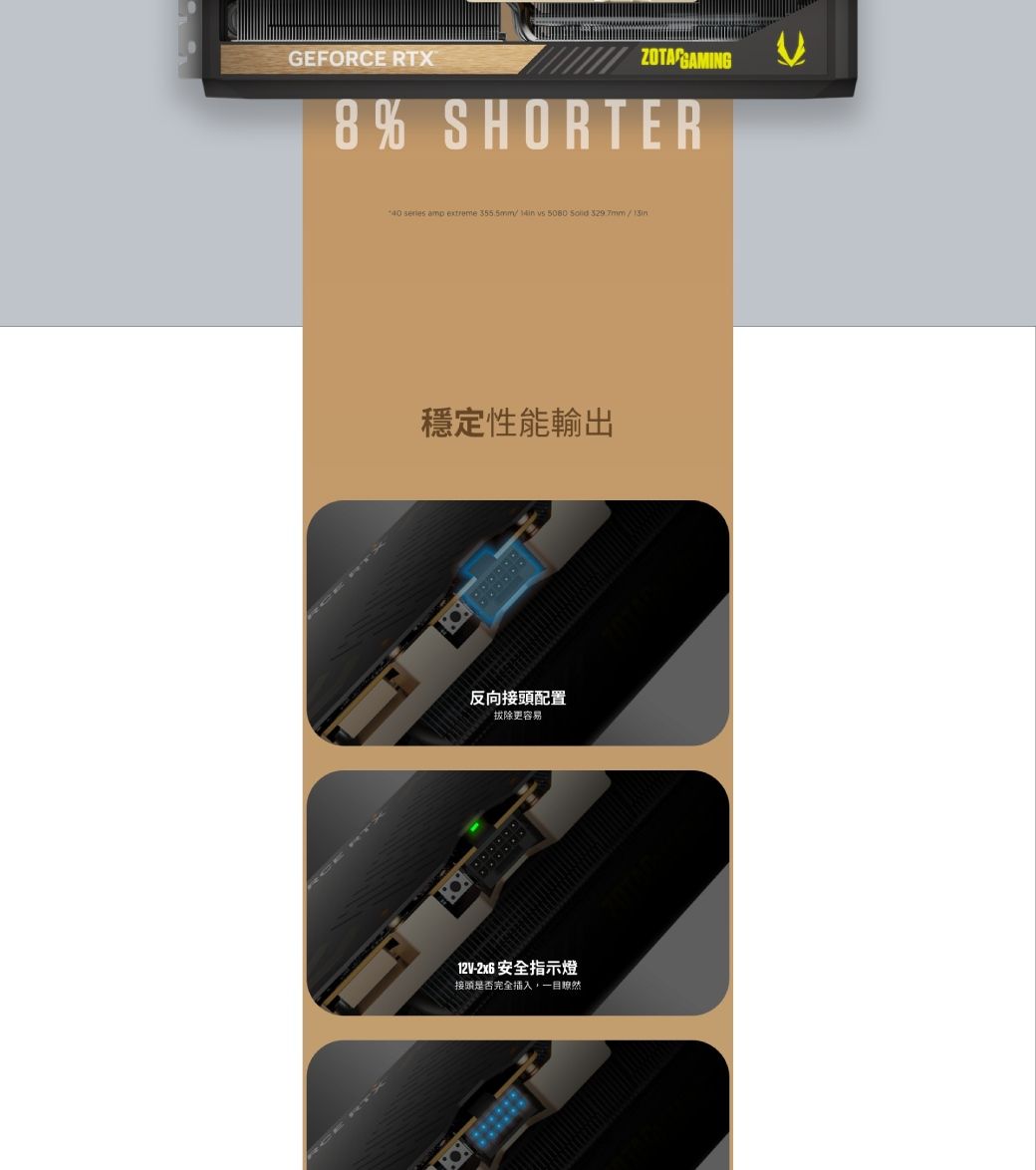 GEFORCE RTXZOTA GAMING8% SHORTER   extreme 355.5mm  5080    / 穩定性能輸出反向接頭配置拔除更容易12V-2x6 安全指示燈接頭是否完全插入一目瞭然