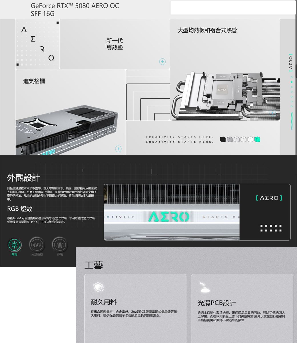 GeForce RTX™ 580  OCSFF 16GΣ進氣格柵大型均熱板和複合式熱管新一代導熱墊GPU0GEFORCE 20CREATIVITY STARTS HERECREATIVITY STARTS HERE外觀設計背板的從水汲取震感讓人聯想到流水,鏡面磨砂和光反射波光粼粼的水面金屬工藝體現了質感,而蓝绿色和彩虹色的色調則突出了寧靜的泊風扇的旋轉會產生不斷擴大的漣漪,將自然運動注入細節中。RGB 燈效憑藉16.7 可自訂的色彩選項和眾多的燈光效果,您可以選擇燈光效果或與技嘉智慧管家(GCC) 中的其他設備。ATIVITYSTARTS HESM常亮光湖呼吸工藝AERO耐久用料長壽命固態電容、合金電感、2oz銅PCB與低電阻式電晶體等耐久用料,提供強勁的顯示卡性能及更長的使用壽命。光滑PCB設計透過全自動化製造過程,確保產品品質的同,移除了傳統因人工焊接,而在PCB表面上留下的尖銳突點.避免玩家在自行組裝時手指被劃傷和握持不當造成的損壞。