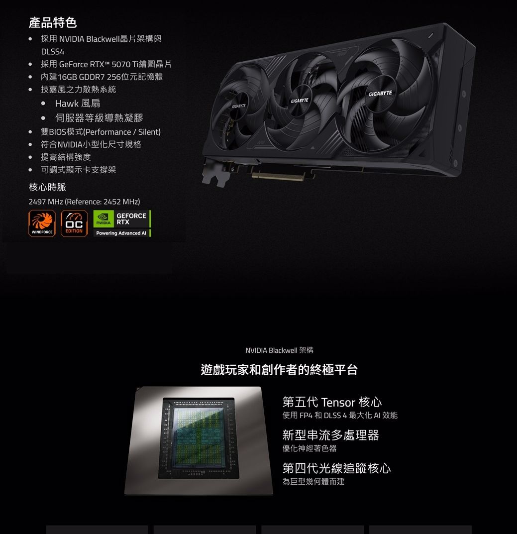 產品特色 採用  Blackwell晶片架構與DLSS4採用 GeForce RTX™ 5070 Ti繪圖晶片 內建16GB GDDR7256位元記憶體技嘉風之力散熱系統Hawk 風扇GIGABYTEGIGABYTE伺服器等級導熱凝膠雙BIOS模式(Performance/Silent)符合NVIDIA小型化尺寸規格提高結構強度 可調式顯示卡支撐架核心時脈2497 MHz (Reference: 2452 MHz)GEFORCENVIDIA RTXWINDFORCEEDITIONPowering Advanced NVIDIA Blackwell 架構遊戲玩家和創作者的終極平台第五代 Tensor 核心使用 FP4 和 DLSS4最大化  效能新型串流多處理器優化神經著色器第四代光線追蹤核心為巨型幾何體而建