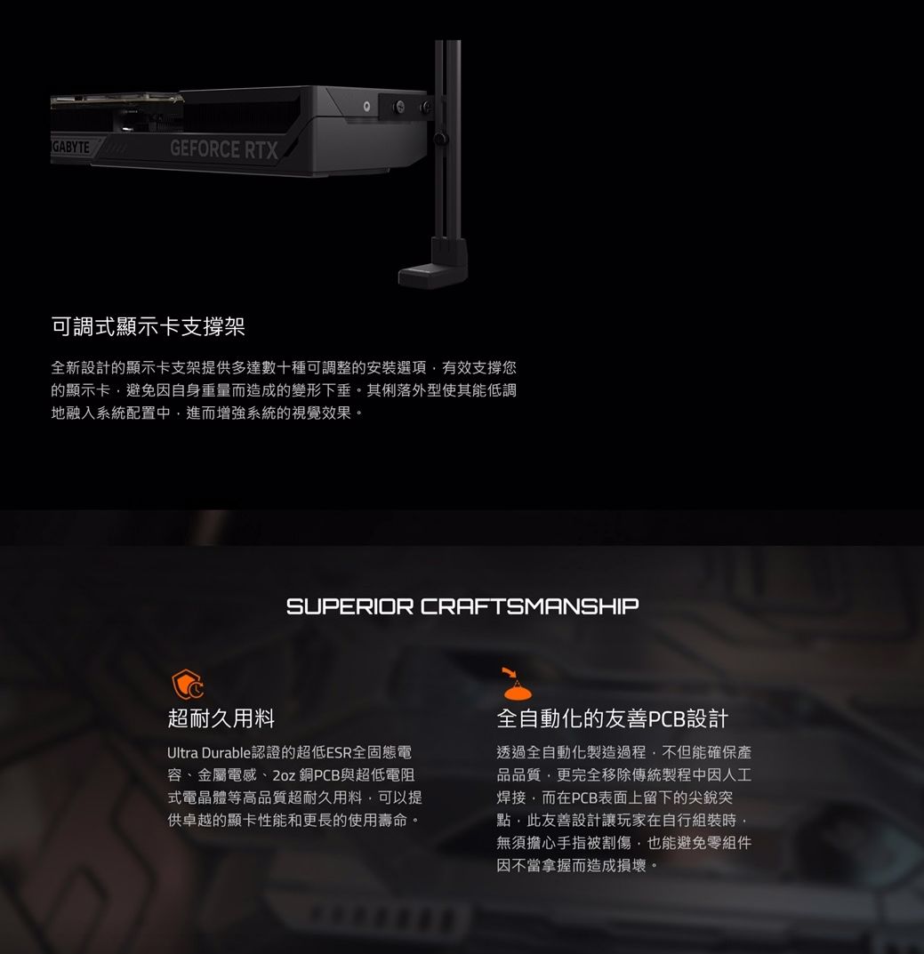 GABYTEGEFORCE RTX可調式顯示卡支撐架全新設計的顯示卡支架提供多達數十種可調整的安裝選項有效支撑您的顯示卡避免因自身重量而造成的變形下垂。其俐落外型使其能低調地融入系統配置中進而增強系統的視覺效果。SUPERIOR CRAFTSMANSHIP超耐久用料Ultra Durable認證的超低ESR全固態電容金屬電感、2oz 銅PCB與超低電阻式電晶體等高品質超耐久用料可以提供卓越的顯卡性能和更長的使用壽命。全自動化的友善PCB設計透過全自動化製造過程不但能確保產品品質更完全移除傳統製程中因人工焊接而在PCB表面上留下的尖銳突點此友善設計讓玩家在自行組裝時,無須擔心手指被割傷,也能避免零組件因不當拿握而造成損壞。