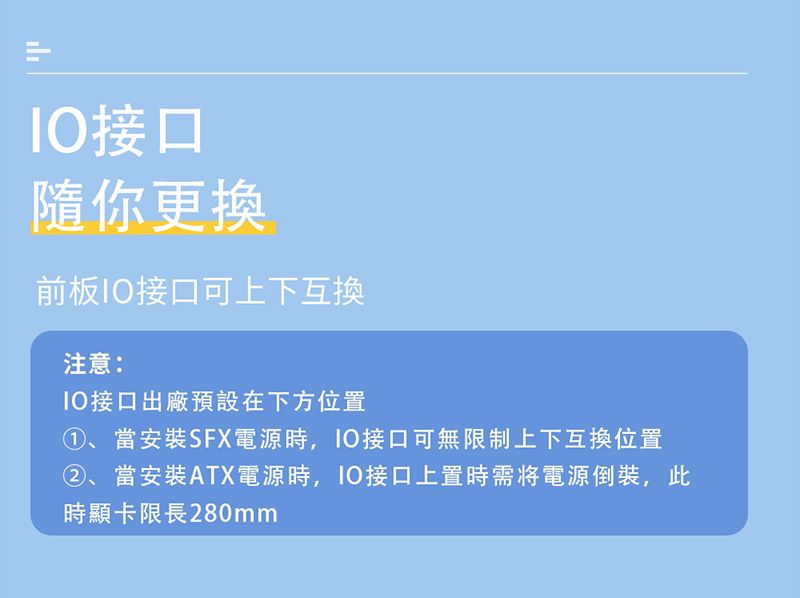 接口隨你更換前板接口可上下互換注意:接口出廠預設在下方位置①、當安裝SFX電源時接口可無限制上下互換位置②、當安裝ATX電源時,接口上置時需電源倒裝,此時顯卡限長280mm