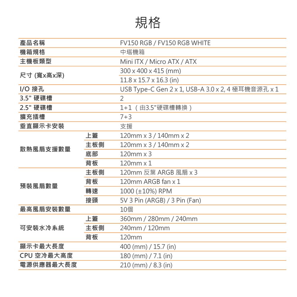 產品名稱機箱規格主機板類型尺寸(寬x高x深)/O 接孔3.5 硬碟槽2.5硬碟槽擴充插槽垂直顯示卡安裝上蓋主板側散熱風扇支援數量底部背板規格FV150 RGB / FV150 RGB WHITE中塔機箱Mini ITX/Micro ATX / ATX300x400x415 (mm)11.8 x 15.7 x 16.3 (in)USB Type-C Gen 2 x 1, USB-A 3.0x2,4極耳機音源孔x121+1 (由3.5硬碟槽轉換)7+3支援120mmx3/140mmx2120mmx3/140mmx2主板側背板預裝風扇數量轉速接頭最高風扇安裝數量可安裝水冷系統上蓋主板側背板顯示卡最大長度CPU 空冷最大高度電源供應器最大長度120mm x 3120mm x 1120mm 反葉 ARGB風扇x3120mm ARGB fan x 11000 (±10%) RPM5V 3 Pin (ARGB)/ 3 Pin (Fan)10個360mm/280mm/240mm240mm/120mm120mm400 (mm) / 15.7 (in)180 (mm) / 7.1 (in)210 (mm)/8.3 (in)