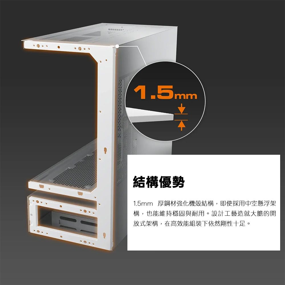 1.5mm結構優勢1.5mm 厚鋼材強化機殼結構,即使採用中空懸浮架構,也能維持穩固與耐用。設計工藝造就大膽的開放式架構,在高效能組裝下依然剛性十足。