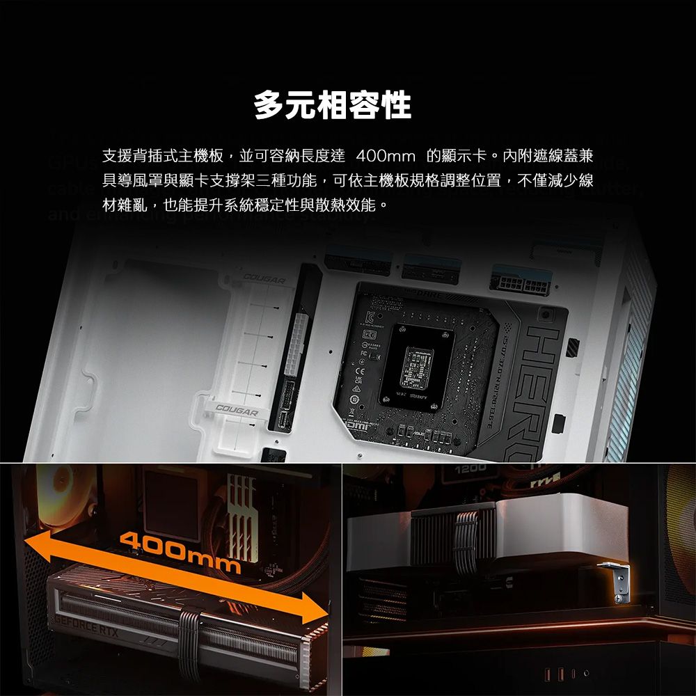 多元相容性支援背插式主機板,並可容納長度達 400mm 的顯示卡。內附遮線蓋兼cableand 具導風罩與顯卡支撐架三種功能,可依主機板規格調整位置,不僅減少線材雜亂,也能提升系統穩定性與散熱效能。COUGARCOUGAR400mmGEFORCE RTX 1200