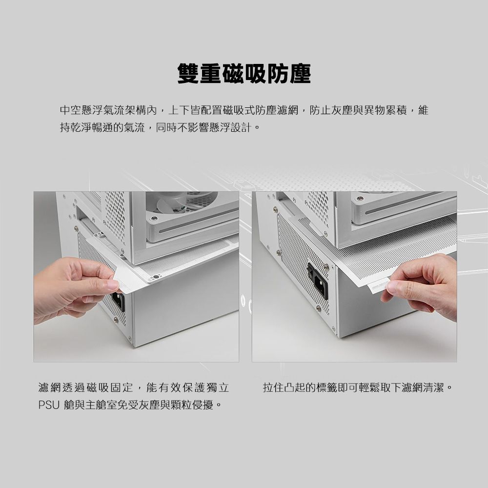 雙重磁吸防塵中空懸浮氣流架構內,上下皆配置磁吸式防塵濾網,防止灰塵與異物累積, 維持乾淨暢通的氣流,同時不影響懸浮設計。濾網透過磁吸固定,能有效保護獨立PSU 艙與主艙室免受灰塵與顆粒侵擾。拉住凸起的標籤即可輕鬆取下濾網清潔。