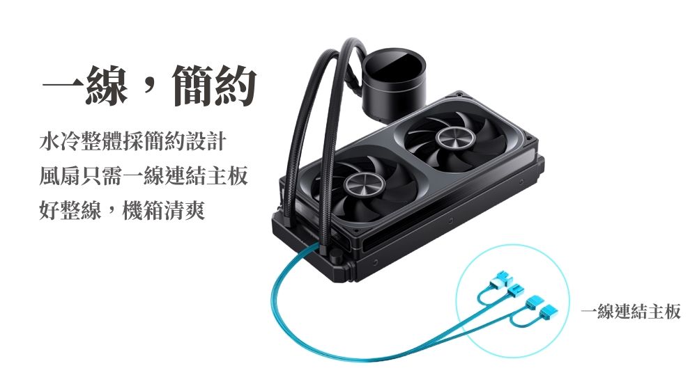 一線,簡約水冷整體採簡約設計風扇只需一線連結主板好整線,機箱清爽一線連結主板