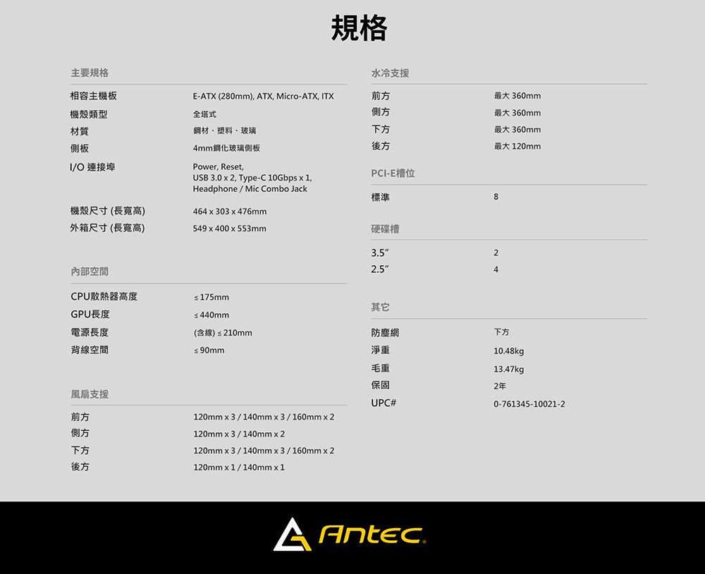 主要規格相容主機板機殼類型材質側板O 連接埠規格水冷支援E-TX (280mm, ATX, Micro-ATX,ITX前方側方全塔式鋼材、塑料、玻璃下方後方4mm鋼化玻璃側板Power, Reset,PCI-E槽位USB 30  2, Type-C 10Gbps  1,標準Headphone/Mic Combo Jack機殼尺寸(長寬高)外箱尺寸(長寬高)464303x476mm549x400x553mm內部空間CPU散熱器高度GPU長度電源長度背線空間風扇支援 175mm硬碟槽3.5最大 360mm最大360mm最大360mm最大120mm822.54其它≤440mm(含線) ≤ 210mm防塵網下方淨重10.48kg)毛重13.47kg保固2年UPC#0-761345-10021-2前方120mm3/140mmx3/160mmx2側方下方120mm3/140mm2120mm3/140mm3/160mm x 2後方120mm x 1/140mm x 1A Antec.