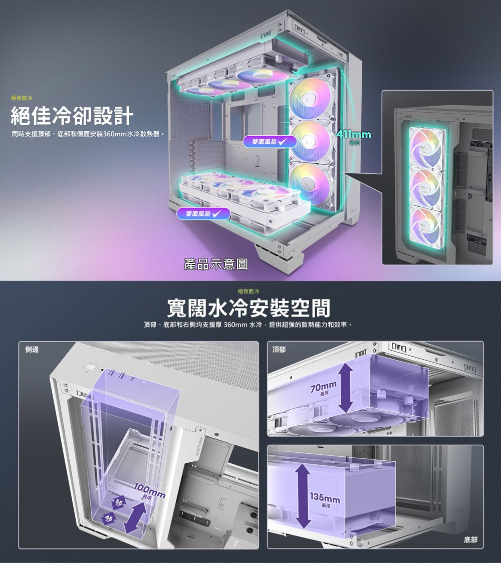 極致酷冷絕佳冷卻設計同時支援頂部底部和側面安裝360mm水冷散熱器。雙面風扇 側邊45雙面風扇 √產品示意圖極致酷冷寬闊水冷安裝空間頂部、底部和右側均支援 360mm 水冷提供超強的散熱能力和效率。頂部100mm厚、70mm最厚135mm最厚底部