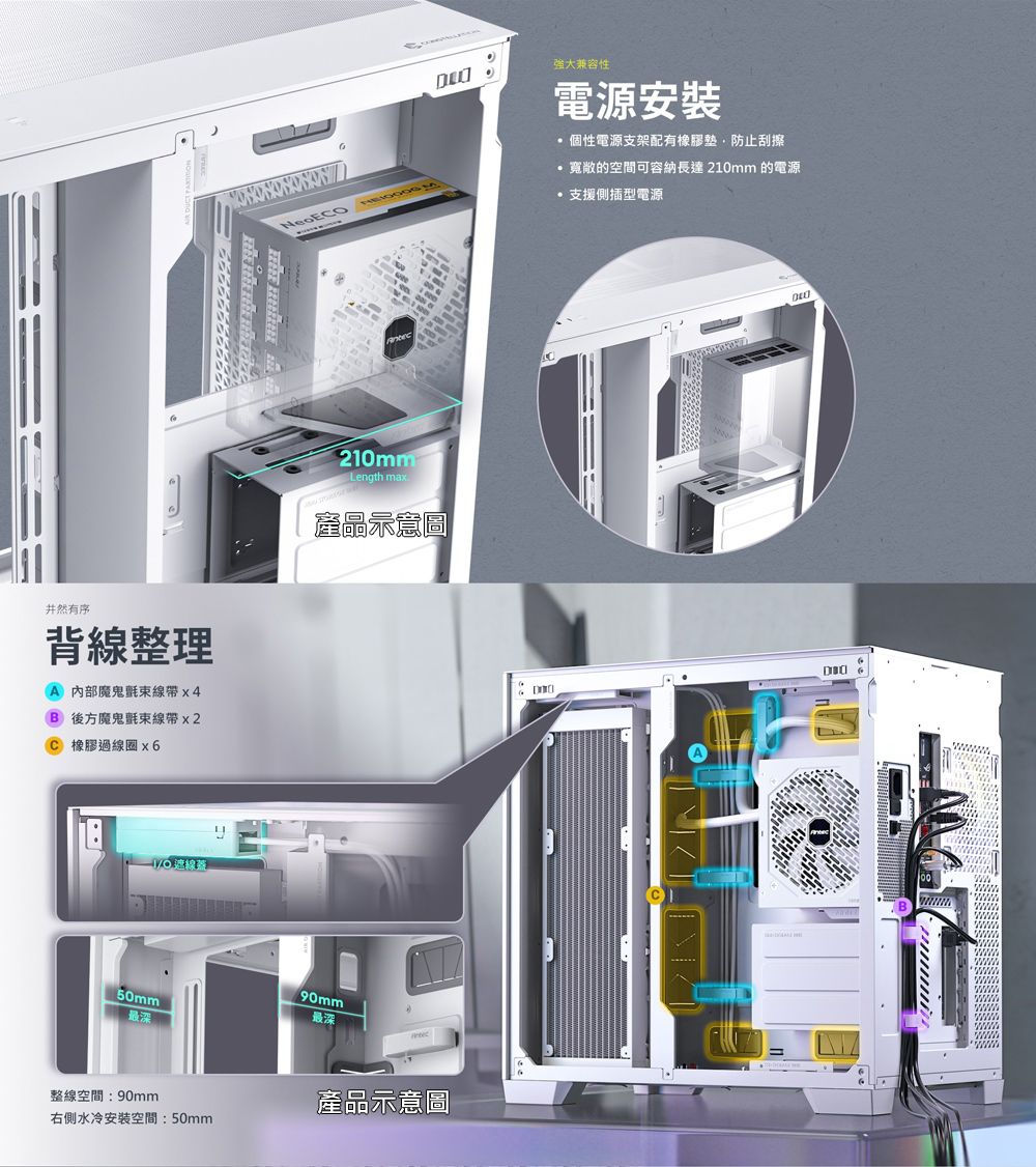 井然有序背線整理魔鬼氈線帶x4B 後方魔鬼氈束線帶x2C 橡膠過線圈x650mm最深210mmLength max晶最深整線空間:90mm右側水冷安裝空間:50mm產品示意圖強大兼容性電源安裝 個性電源支架配有橡膠防止刮擦寬敞的空間可容納長達210mm 的電源支援側插型電源