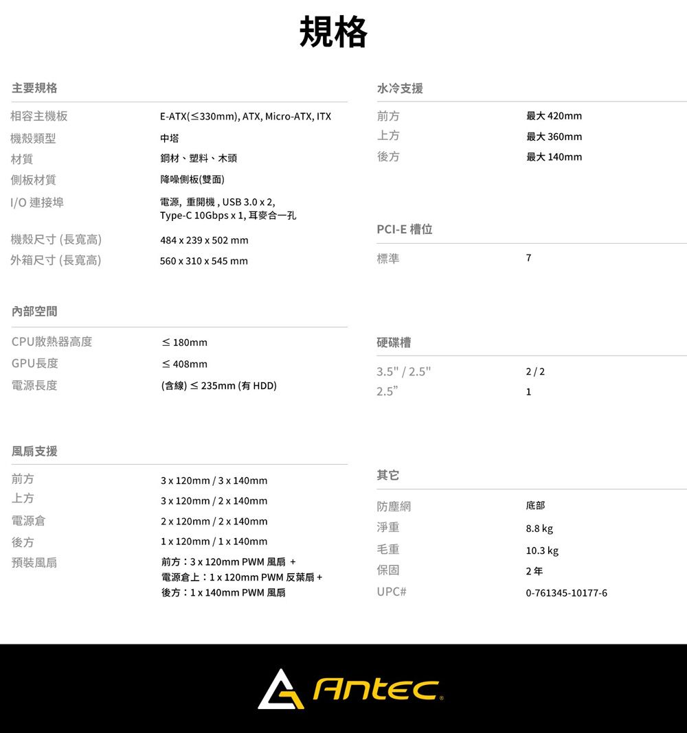 規格主要規格相容主機板水冷支援E-TX(≤330mm), ATX, Micro-ATX, TX前方機殼類型中塔上方材質鋼材、塑料、木頭後方側板材質I 連接埠機殼尺寸(長寬高)外箱尺寸(長寬高)內部空間CPU散熱器高度GPU長度電源長度降噪側板(雙面)電源,重開機,USB 30 2,Type-C 10Gbps 1, 合一孔PCI-E 槽位484x239x502mm560x310x545mm≤ 180mm≤ 408mm(含線)≤235mm(有HDD)標準硬碟槽最大420mm最大360mm最大 140mm7352.52/22.51風扇支援前方上方電源3x120mm/3x140mm3 x 120mm/2 x 140mm.2x120mm/2x140mm 120mm/1x140mm其它防塵網底部8.8 kg淨重後方毛重10.3 kg預裝風扇前方3x 120mm 風扇 +保固2年電源上:1 x 120mm PWM 反葉扇 +後方:1x140mm PWM 風扇UPC#0-761345-10177-6A Antec.