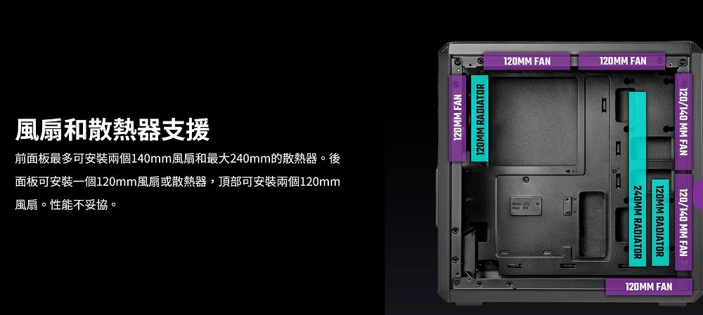 風扇和散熱器支援前面板最多可安裝兩個140mm風扇和最大240mm的散熱器。後面板可安裝一個120mm風扇或散熱器,頂部可安裝兩個120mm風扇。性能不妥協。120MM 120MM RADIATOR120MM FAN120MM FAN/140 MM FAN120/140 MM FAN120MM RADIATOR240MM RADIATOR120MM FAN