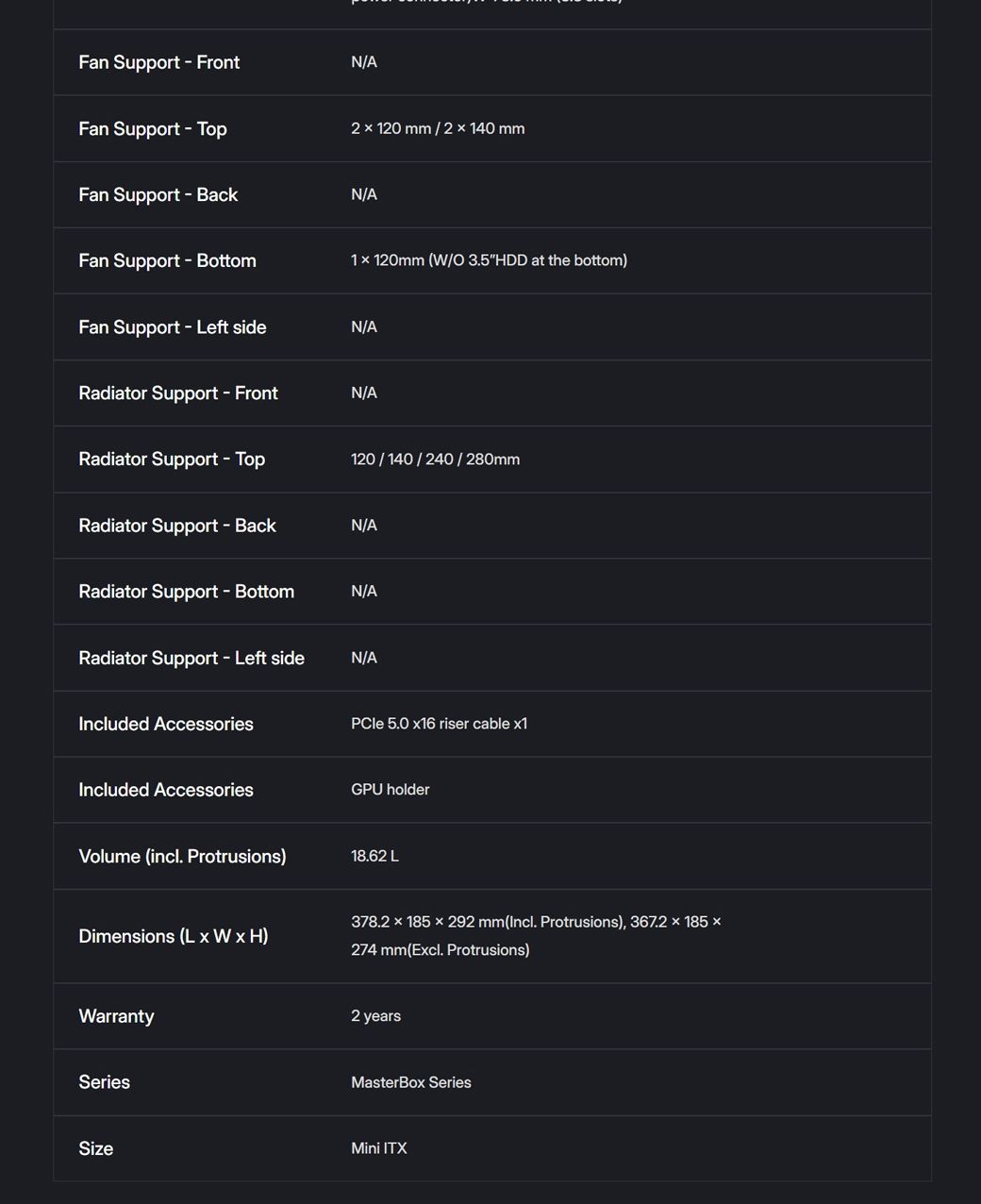 2  120 mm 2  140 mmFan Support  FrontN/AFan Support  TopFan Support  BackN/AFan Support  Bottom1  120mm (/ HDD at the bottom)Fan Support   sideN/ARadiator Support  FrontN/ARadiator Support - TopRadiator Support - BackN/A120/140/240/280mmRadiator Support - BottomN/ARadiator Support - Left sideN/AIncluded AccessoriesIncluded AccessoriesVolume (incl Protrusions)PCle 5.0 6 riser cable 1GPU holder18.62 L378.2  185  292 mm(Incl. Protrusions), 367.2  185 Dimensions (L  W x H)274 mm(Excl. Protrusions)WarrantySeries2 yearsMasterBox SeriesMini ITX