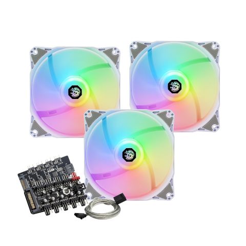 【Bitspower】Notos 120 亮彩光效電腦散熱風扇（白、三枚組含控制器）