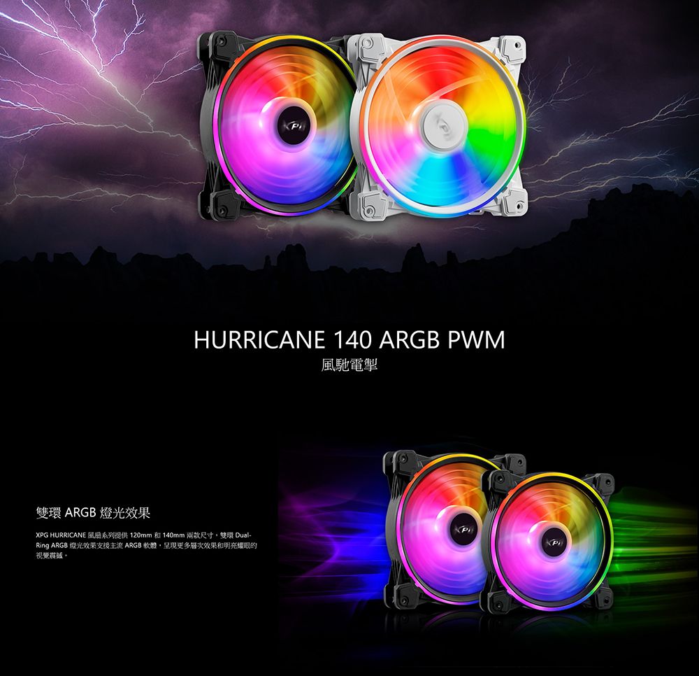 HURRICANE 140 ARGB PWM風馳電掣雙環 ARGB 燈光效果XPG HURRICANE 風系列提供 120mm 和 140mm 兩款尺寸雙環 Dual-Ring ARGB 燈光效果支援主流 ARGB 軟體,呈現更多層次效果和明亮耀眼的視覺