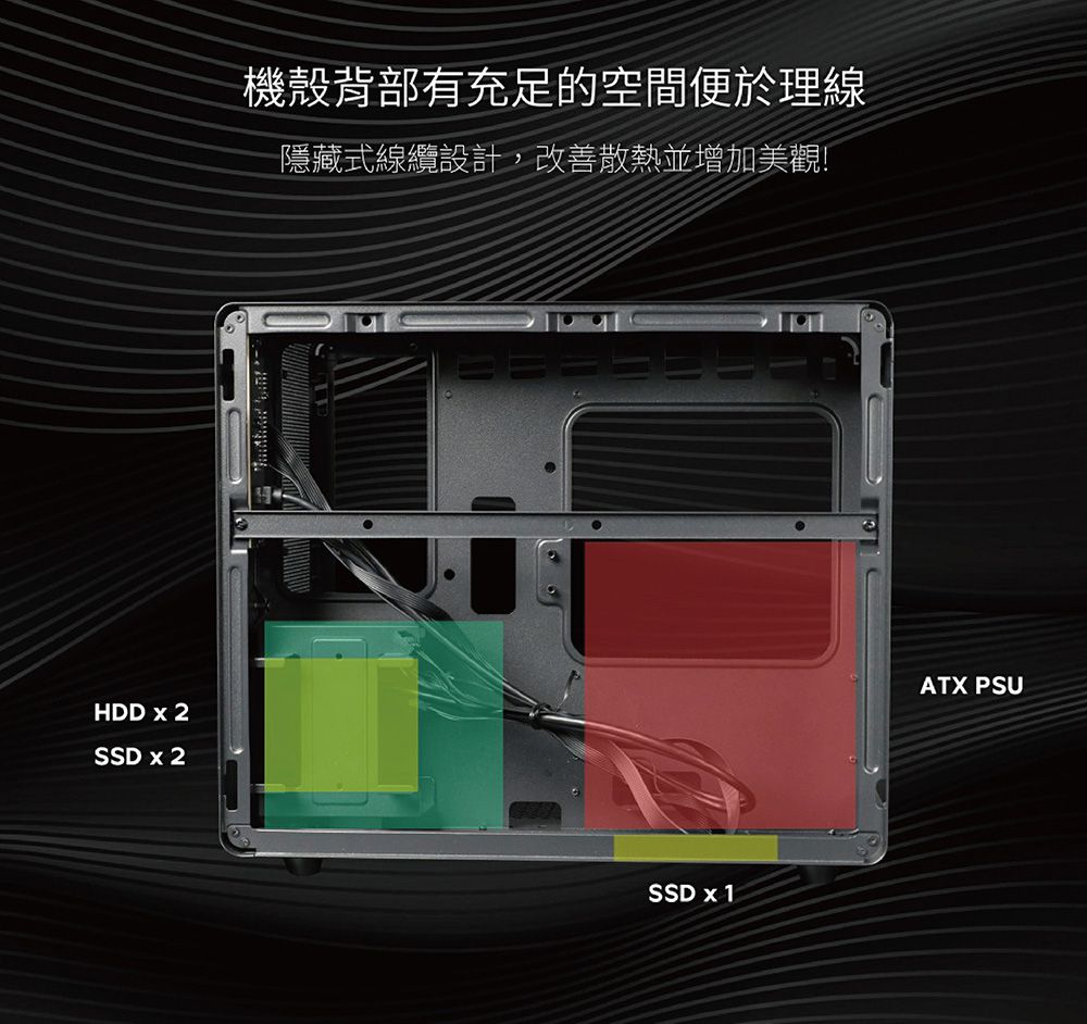 HDD  2SSD x 2機殼背部有充足的空間便於理線隱藏式線纜設計,改善散熱並增加美觀!SSD x 1ATX PSU