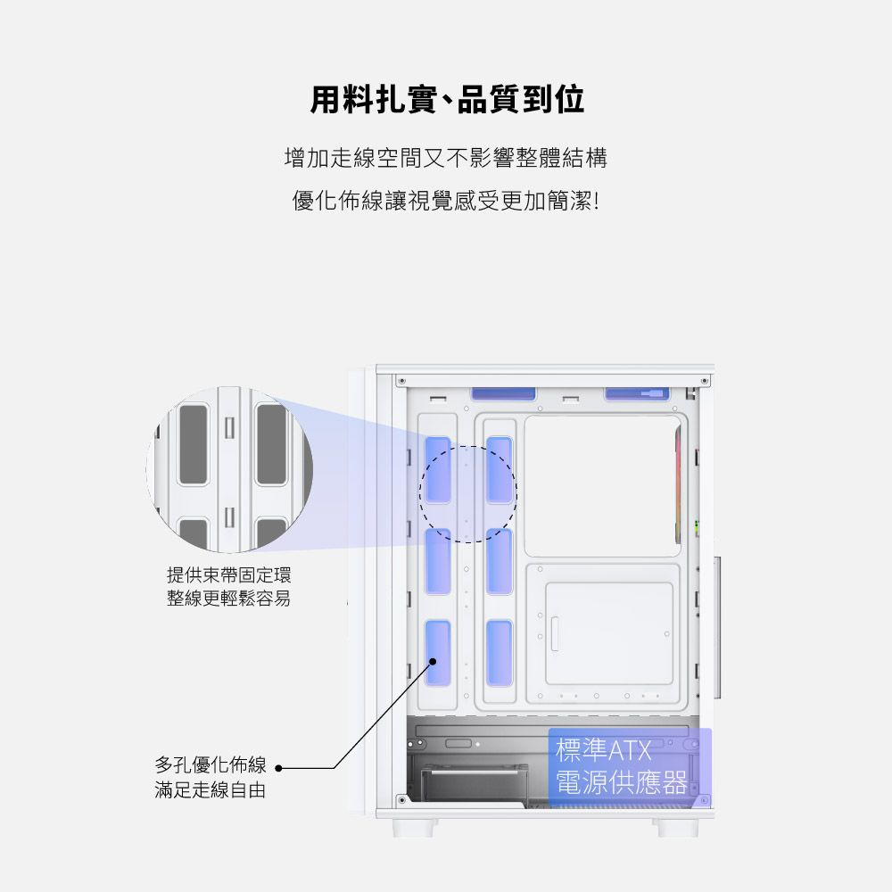 提供束帶固定環整線更輕鬆容易多孔優化佈線滿足走線自由用料扎實、品質到位增加走線空間又不影響整體結構優化佈線讓視覺感受更加簡潔!標準ATX電源供應器