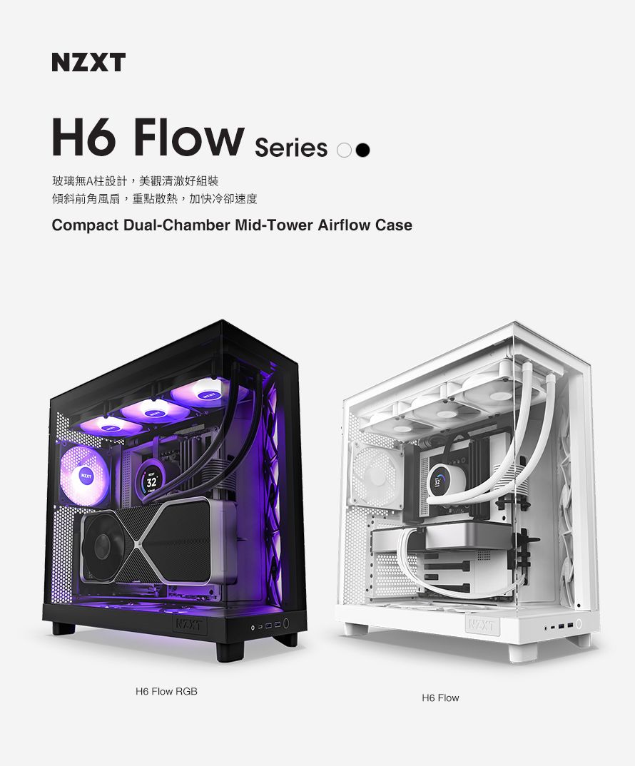 H6 Flow玻璃無A柱設計,美觀清澈好組裝傾斜前角風扇,重點散熱,加快冷卻速度SeriesCompact Dual-Chamber Mid-Tower Airflow Case32H6 Flow RGBH6 FlowNZXT