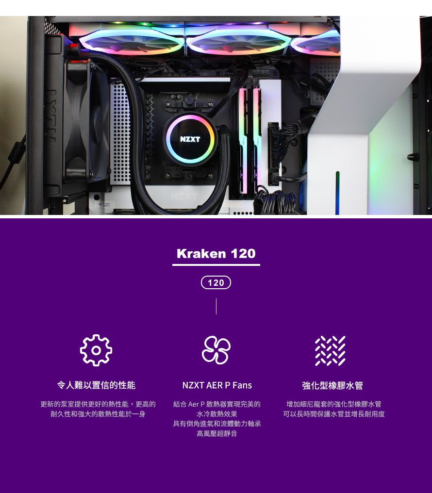 令人難以置信的性能NZXTKraken 120120NZXT AER P Fans更新的泵室提供更好的熱性能,更高的耐久性和强大的散熱性能於一身結合 Aer P 散熱器實現完美的水冷散熱效果具有倒角進氣和流體動力軸承高風壓超靜音強化型橡膠水管增加細尼龍套的強化型橡膠水管可以長時間保護水管並增長耐用度