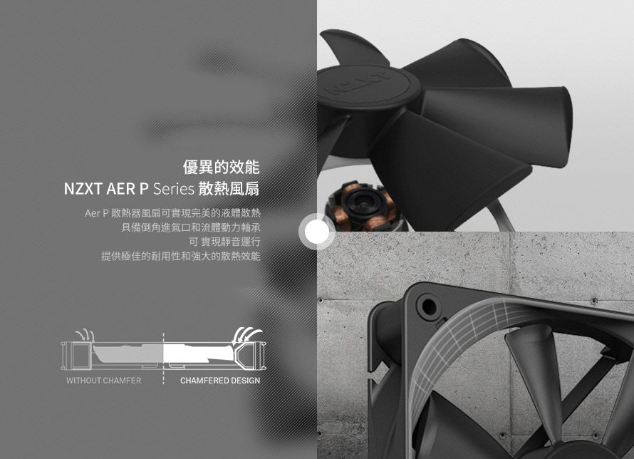 優異的效能NZXT AER P Series 散熱風扇Aer P散熱器風扇可實現完美的液體散熱具備倒角進氣口和流體動力軸承可實現靜音運行提供極佳的耐用性和强大的散熱效能WITHOUT CHAMFERCHAMFERED DESIGN