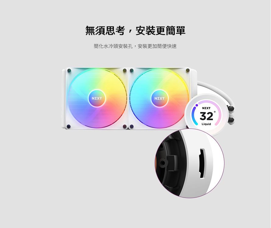 無須思考,安裝更簡單簡化水冷頭安裝孔,安裝更加簡便快速NZXTNZXTNZXT32Liquid