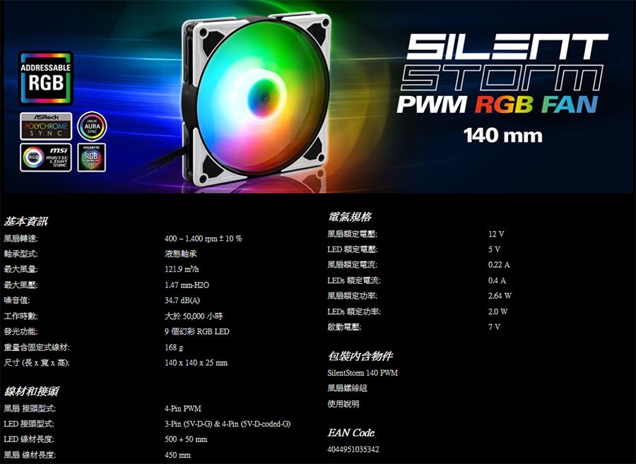 ADDRESSABLERGBPOLYCHROME AURASYNCRGBSILENTPM RGB FAN140 m基本資訊風扇轉速軸承型式最大風量:最大風壓:噪音值:工作時數:液態軸承121.9mm1.47 mm-H2O34.7 dB(A)電氣規格風扇額定電壓:12 400~1,400 ±10LED 額定電壓:5V風扇額定電流:0.22 ALEDs 額定電流: A風扇額定功率:2.64 WLEDs 額定功率:2.0 W大於 50,000 小時發光功能:9 個幻彩 RGB LED重量含固定式線材:168g尺寸 (長x 寬x 高):140 x 140 x 25 mm線材和接頭風扇 接頭型式:LED 接頭型式:4-Pin PWM3-Pin (-D-G) &amp; 4-Pin (5V-D-coded-G)啟動電壓:物件SilentStorm 140 PWM風扇絲使用說明EAN Code7 VLED 線材長度:500 + 50 mm4044951035342風扇 線材長度:450 mm