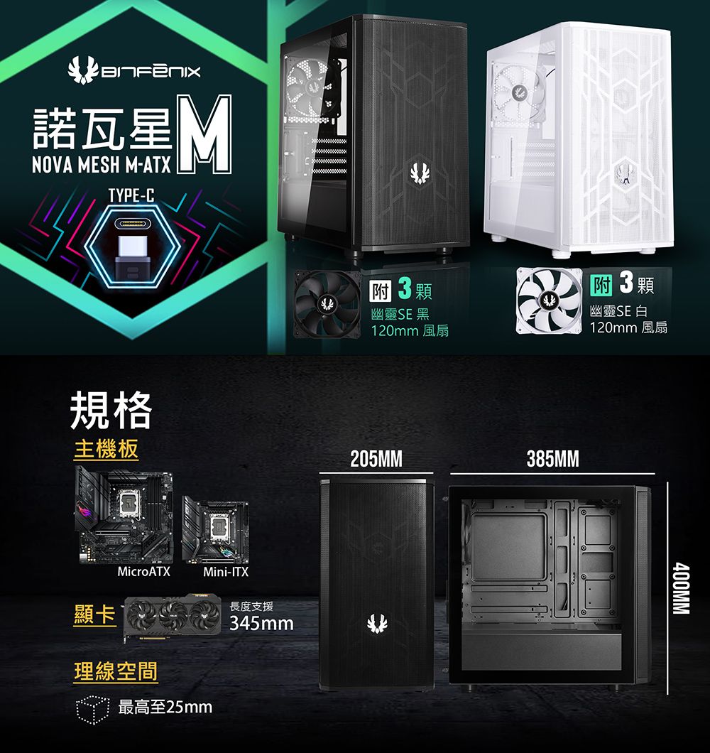 諾瓦星MNOVA MESH M-ATXTYPE-C規格主機板MicroATXMini-ITX長度支援顯卡345mm理線空間最高至25mm 3 顆幽靈SE黑120mm 風扇附 3顆幽靈SE白120mm 風扇205MM385MM400MM