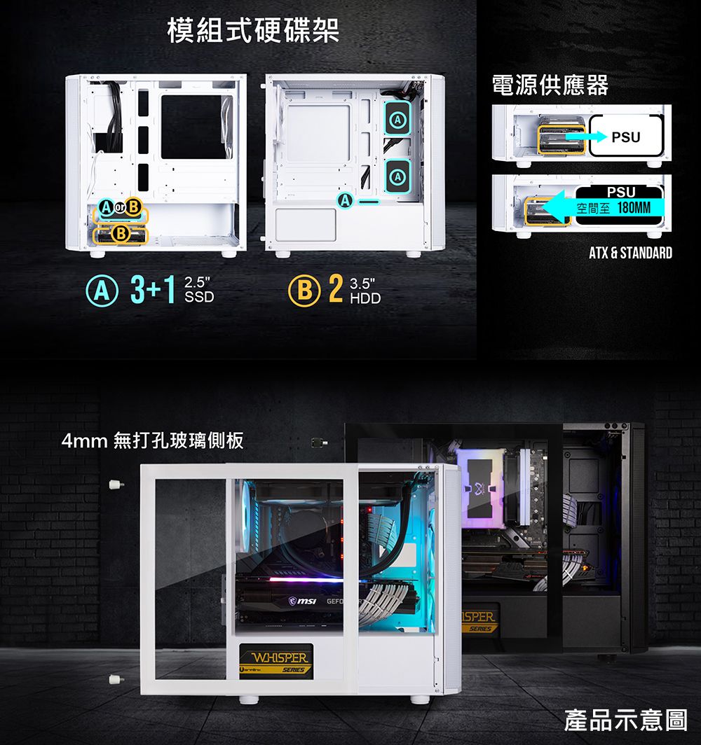 模組式硬碟架B SSD3.54mm 無打孔玻璃側板 WHSERIESISPERSERIES電源供應器PSUPSU空間至180MMATX &amp; STANDARD產品示意圖