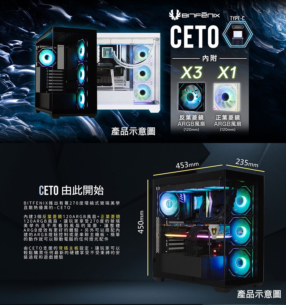 TYPE-CCETO內附X3 X1反葉鏡產品示意圖ARGB風扇(120mm)CETO 由此開始BIT FENIX推出有著270度環繞式玻璃美學且散熱優異的-CETO內建3個反葉鏡120ARGB風扇+正葉菱鏡120ARGB風扇,讓玩家享受270度的玻璃美學外且不用看到風扇的背面,讓整體ARGB燈效有更好的體驗。另外可以搭配內建的ARGB燈鈕控制或是串聯主機板,簡單的動作就可以聯動電腦的任何燈光配件由CETO支援的背插主板設定,讓玩家可以輕鬆購買任何最新的硬體享受不受束縛的安裝過程和遊戲體驗450mm453mm正葉菱鏡ARGB風扇(120mm)235mm產品示意圖