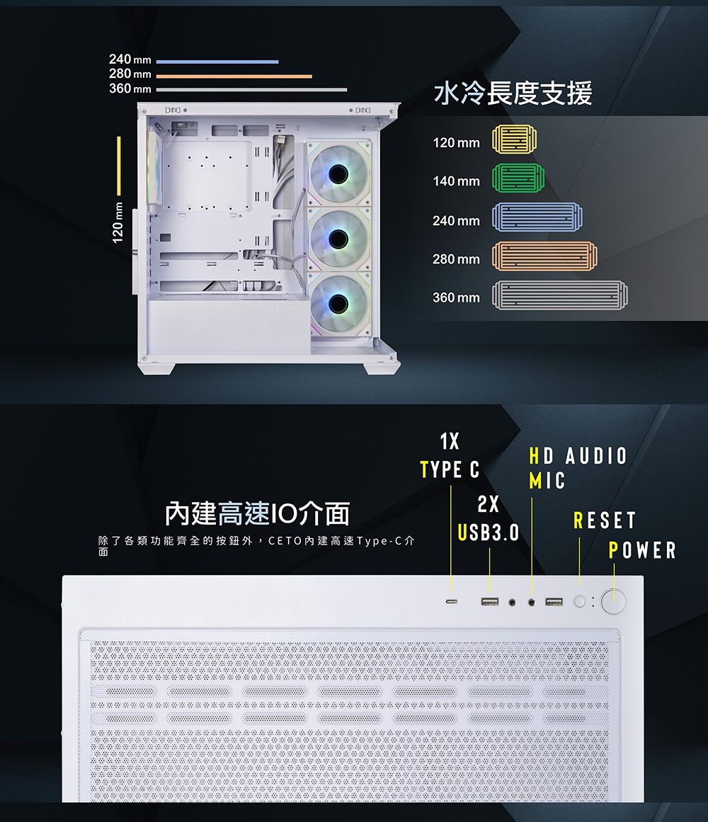 120 mm240mm280 mm360 mm水冷長度支援120 mm140 mm240 mm280 mm360 mm1XTYPE CMIC高速介面2XUSB3.0除了各類功能齊全的按鈕外,CET高速Type-C介面OHD AUDIORESETPOWER