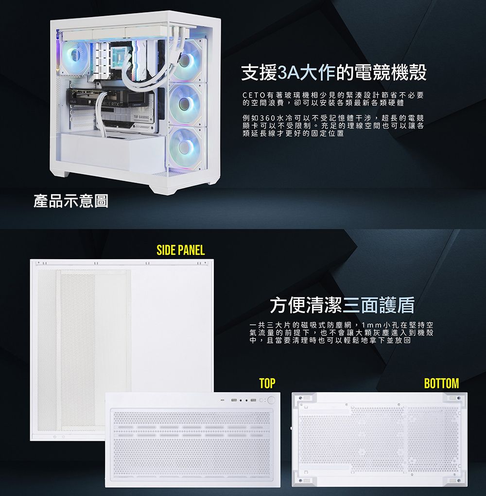 產品示意圖 支援3A大作的電競機殼CETO有著玻璃機相少見的緊湊設計節省不必要的空間浪費,卻可以安裝各類最新各類硬體例如360水冷可以不受記憶體干涉,超長的電競顯卡可以不受限制。充足的理線空間也可以讓各類延長線才更好的固定位置SIDE PANEL方便清潔三面護盾一共三大片的磁吸式防塵網,1mm小孔在堅持空氣流量的前提下,也不會讓大灰塵進入到機殼中,且當要清理時也可以輕鬆地拿下並放回TOPBOTTOM