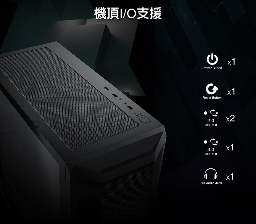 機頂I/O支援 Power Button Reset Button2.0USB 2.03.0USB 3.0HD Audio Jack