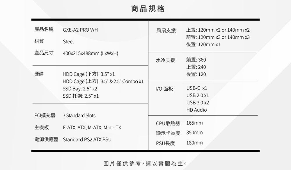 商品規格產品名稱材質產品尺寸GXE-A2 PR WHSteel風扇支援上置:120mm x2 or 140mm x2前置:120mm x3 or 140mm x3後置: 120mm 400x215x488mm (LxWxH)水冷支援前置:360上置:240硬碟HDD Cage (下方): 3.5 後置: 120HDD Cage (上方): 3.5 & 2.5 ComboSSD Bay: 2.5 x2O面板USB-C x1SSD 托架: 2.5 x1USB 2.0 x1USB 3.0 x2HD AudioPCI擴充槽7 Standard SlotsCPU散熱器165mm主機板E-ATX, ATX, M-ATX, Mini-ITX電源供應器 Standard PS2 ATX PSUPSU長度顯示卡長度 350mm180mm圖片僅供參考,請以實體為主。