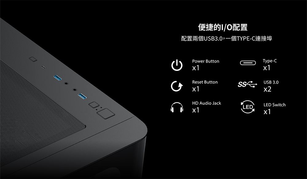 便捷的I/O配置配置兩個USB3.0一個TYPE-C連接埠Power ButtonType-CReset ButtonUSB 3.0HD Audio JackLEDLED Switchวง