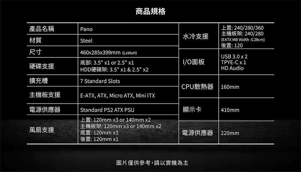 商品規格產品名稱Pano水冷支援材質尺寸Steel460x285x399mm (LxWxH)底部: 3.5  or 2.5 O面板上置:240/280/360主機板架:240/280(EATX MB Width ≤28cm)後置: 120USB 3.0 x 2TPYE-Cx1硬碟支援擴充槽HDD硬碟架:3.5 x1 & 2.5 x27 Standard SlotsHD AudioCPU散熱器 160mm主機板支援E-ATX, ATX, Micro ATX, Mini ITX電源供應器Standard PS2 ATX PSU顯示卡410mm風扇支援上置:120mm x3 or 140mm x2主機板架:120mm x3 or 140mm x2底置:120mm x3後置:120mm x1電源供應器220mm圖片僅供參考,請以實機為主