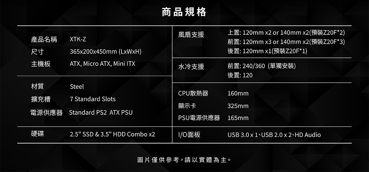 商品規格風扇支援產品名稱XTK-Z尺寸36500450mm (LxWxH)上置:120mm x2 or 140mm x2(預裝Z20F*2)前置:120mm  or 140mm x2(預裝Z20F*3)後置:120mm (預裝Z20F*1)主機板ATX, Micro ATX, Mini TX水冷支援前置: 240/360(單獨安裝)後置: 120材質SteelCPU散熱器160mm擴充槽7 Standard Slots顯示卡325mm電源供應器 Standard PS2 ATX PSUPSU電源供應器165mm硬碟2.5 SSD & 3.5 HDD Combo x2I/O面板USB 3.0 x 1、USB 2.0 x 2、HD Audio圖片僅供參考,請以實體為主。