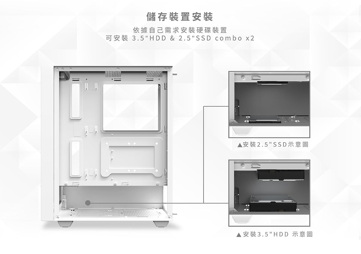 儲存裝置依據自己需求安裝硬碟裝置可安裝 3.5HDD & 2.5SSD combo x2安裝2.5SSD示意圖安裝3.5HDD 示意圖