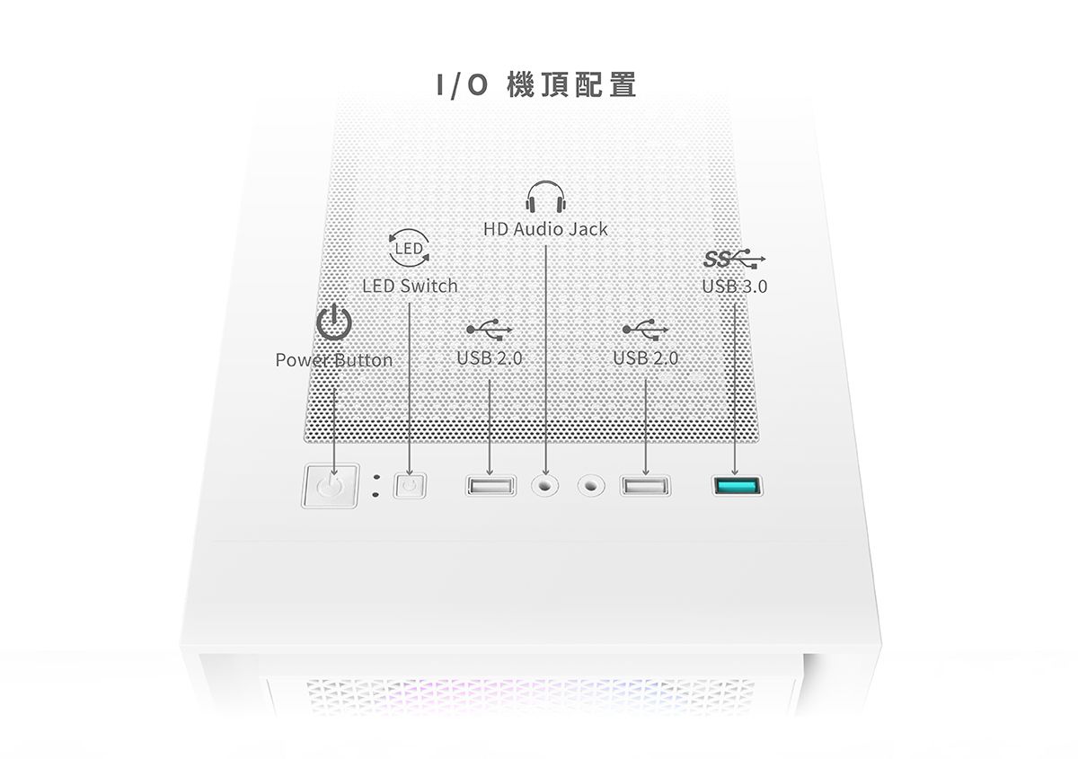 LED 機頂配置LED SwitchHD Audio JackPower ButtonUSB USB USB3.0