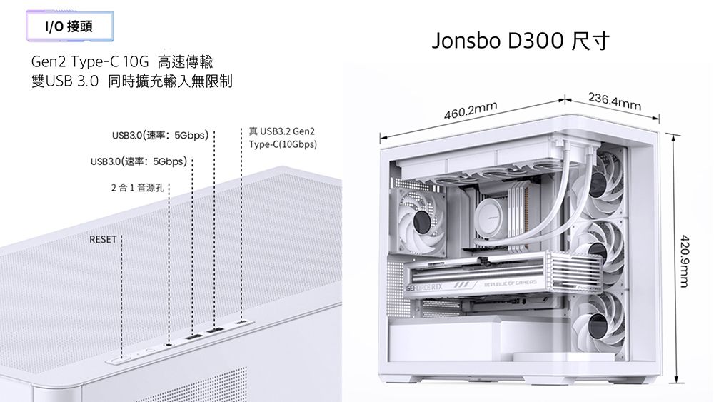 接頭Gen2 Type-C 雙USB3.0 同時擴充輸入無限制Jonsbo D300 236.4mm460.2mmUSB3.0 5GbpsUSB3.2 Gen2Type-C(10Gbps)USB3.0( 5Gbps)2合1音源孔RESET:420.9mm