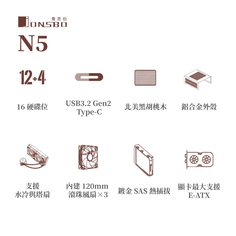 JONSBO 喬思伯 N5 16硬碟 NAS/電競/剪輯/AI算圖 專業機殼(實木鋁合金/4顯卡/內建3滾珠扇/可水冷塔扇）