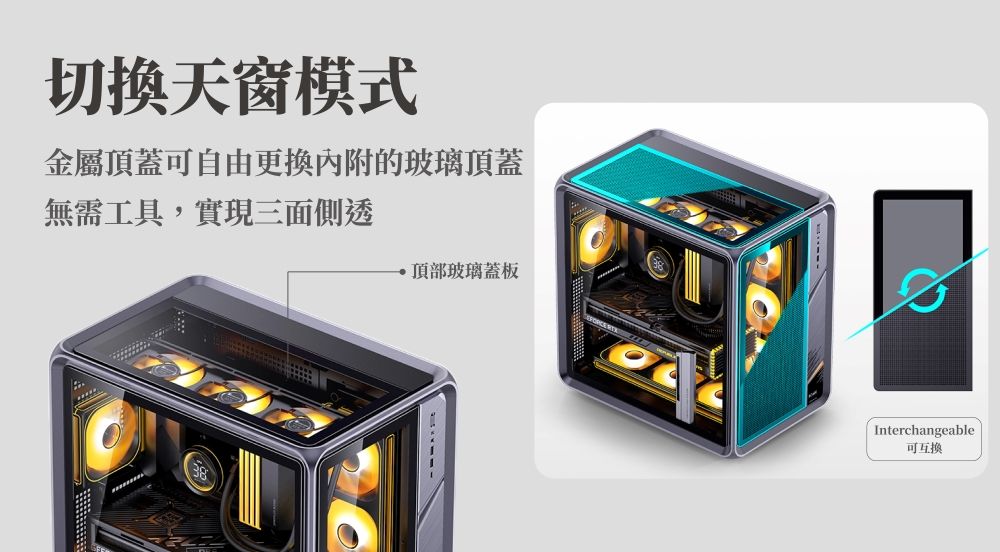切換天窗模式金屬頂蓋可自由更換內附的玻璃頂蓋無需工具,實現三面側透頂部玻璃蓋板Interchangeable可互換