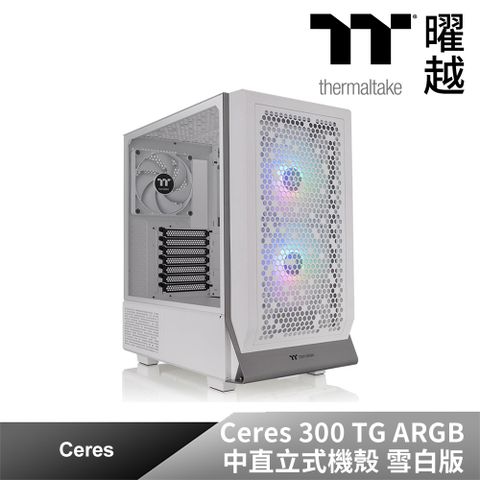 Thermaltake 曜越 勁透 Ceres 300 TG ARGB 中直立式機殼 雪白版是一款ATX機殼前方內建兩個CT140 ARGB 主板連動系統散熱風扇後方內建一個CT140 系統散熱風扇