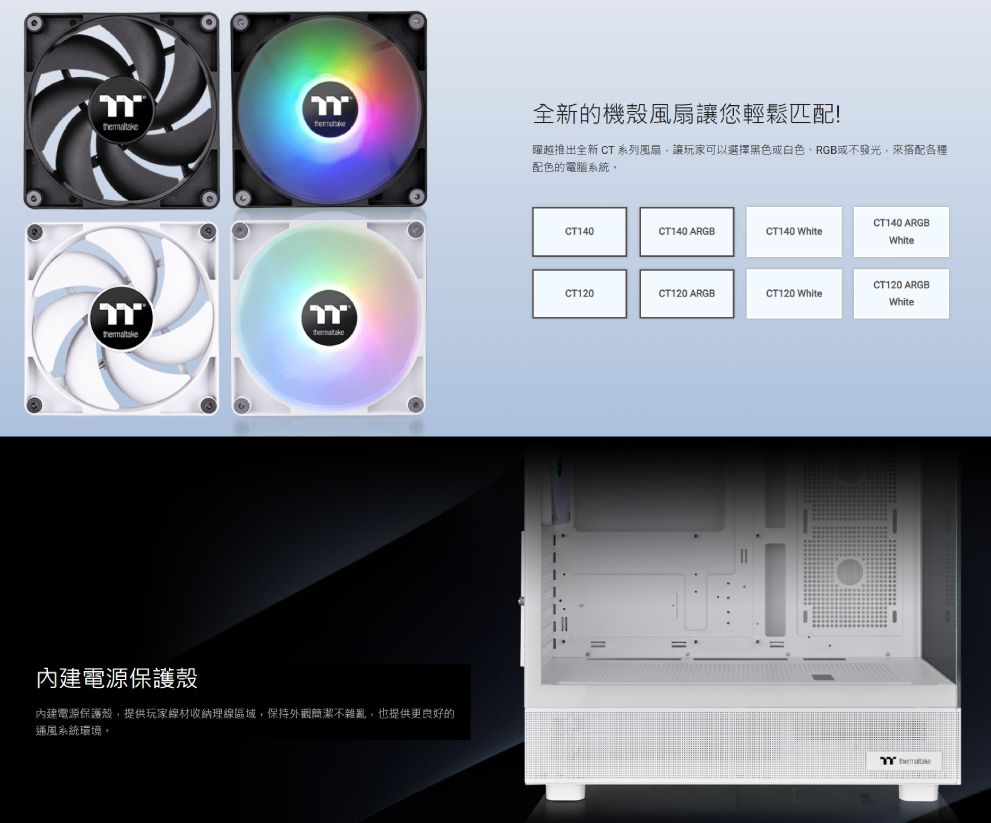 全新的機殼風扇讓您輕鬆匹配!曜越推出全新 CT 系列風扇讓玩家可以選擇黑色或白色RGB或不發光來搭配各種配色的電腦系統內建電源保護殼內建電源保護殼提供玩家線材收納理線區域,保持外觀簡潔不雜亂,也提供更良好的通風系統環境。 ARGBCT140CT140 ARGBCT140 WhiteCT120CT120 ARGBCT120 WhiteWhiteCT120 ARGBWhite