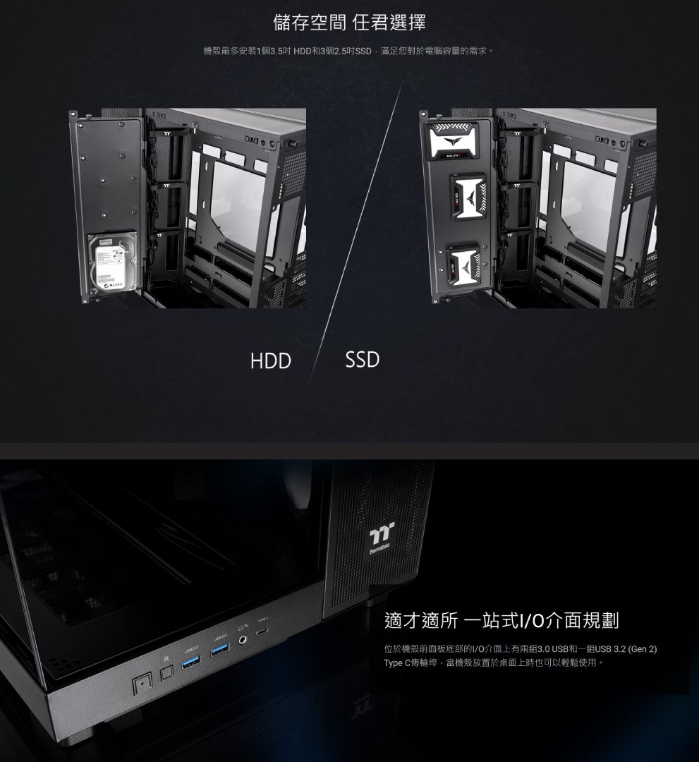 儲存空間 任君選擇機殼最多安裝1個3.5 HDD和3個2.5吋SSD滿足您對於電腦容量的需求。HDDSSD適才適所 一站式I/O介面規劃位於機殼前面板底部的I/O介面上有兩組3.0 USB和一組USB 3.2 (Gen 2)Type C傳輸埠當機殼放置於桌面上時也可以輕鬆使用。