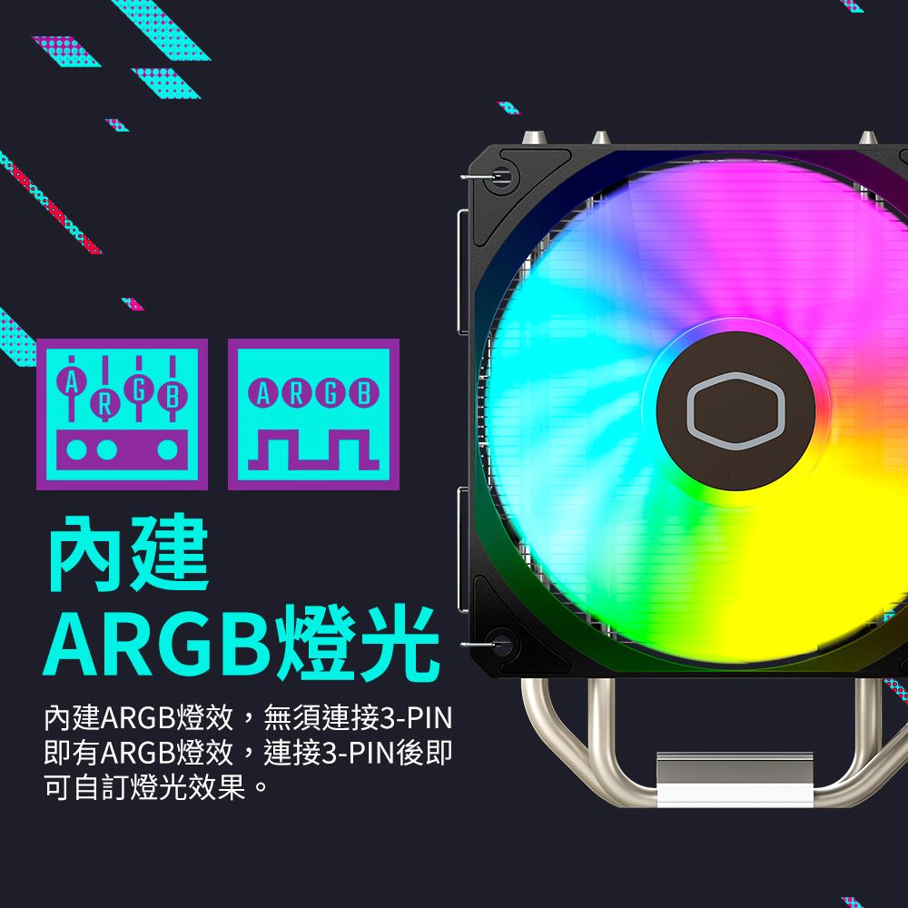 內建ARGB燈光內建ARGB燈效,無須連接3-PIN即有ARGB燈效,連接3-PIN後即可自訂燈光效果。