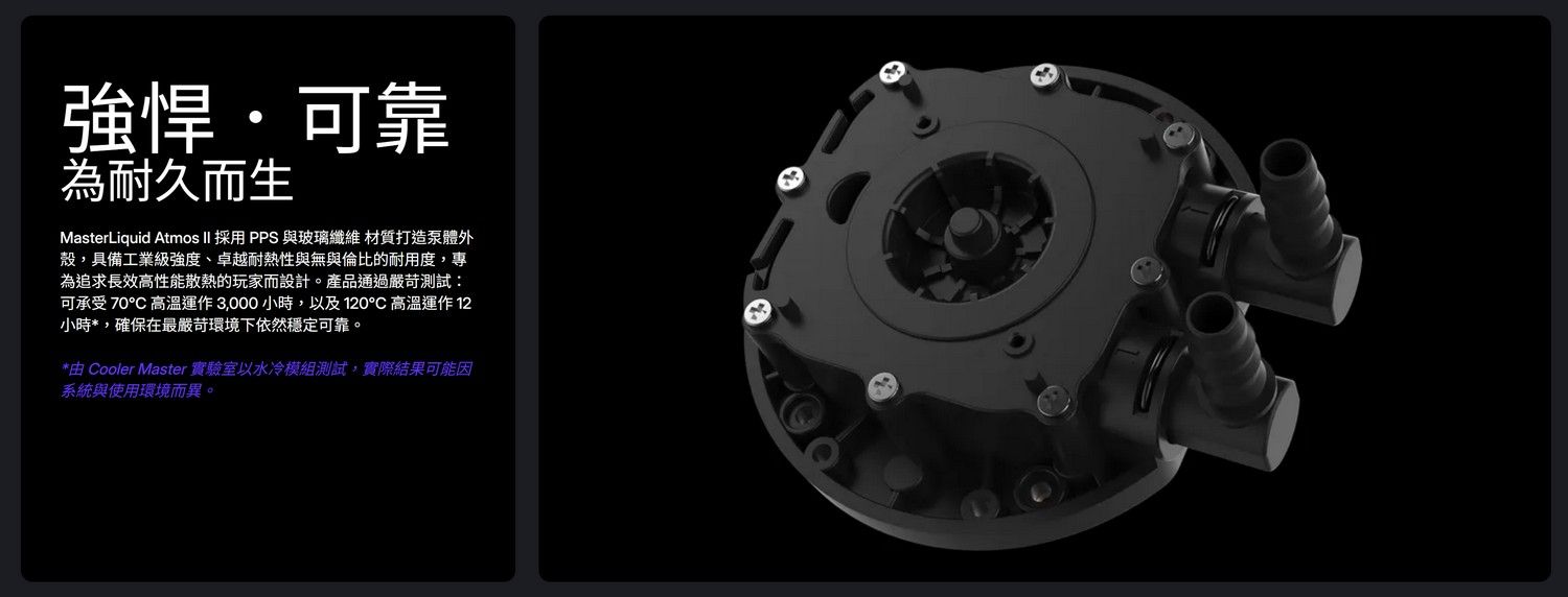 強悍·可靠為耐久而生MasterLiquid Atmos II 採用 PPS 與玻璃纖維 材質打造泵體外殼,具備工業級強度、卓越耐熱性與無與倫比的耐用度,專為追求長效高性能散熱的玩家而設計。產品通過嚴苛測試:可承受 70高溫運作3,000小時,以及120°C高溫運作 12小時*,確保在最嚴苛環境下依然穩定可靠。*由 Cooler Master 實驗室以水冷模組測試,實際結果可能因系統與使用環境而異。