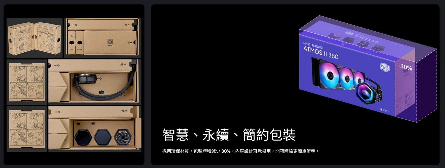 MASTERLIQUIDATMOS  360智慧、永續、簡約包裝採用環保材質,包裝體積減少30%,內容設計直覺易用,開箱體驗更簡單流暢。ATMOS -30%