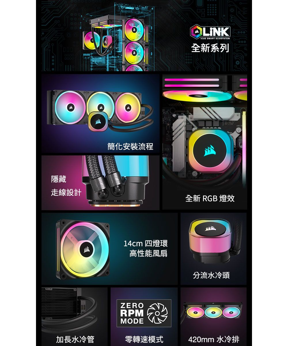 隱藏走線設計簡化安裝流程14cm 四燈環高性能風扇ZERORPMMODE SMART ECOSYSTEM全新系列全新 RGB 燈效分流水冷頭加長水冷管零轉速模式420mm 水冷排