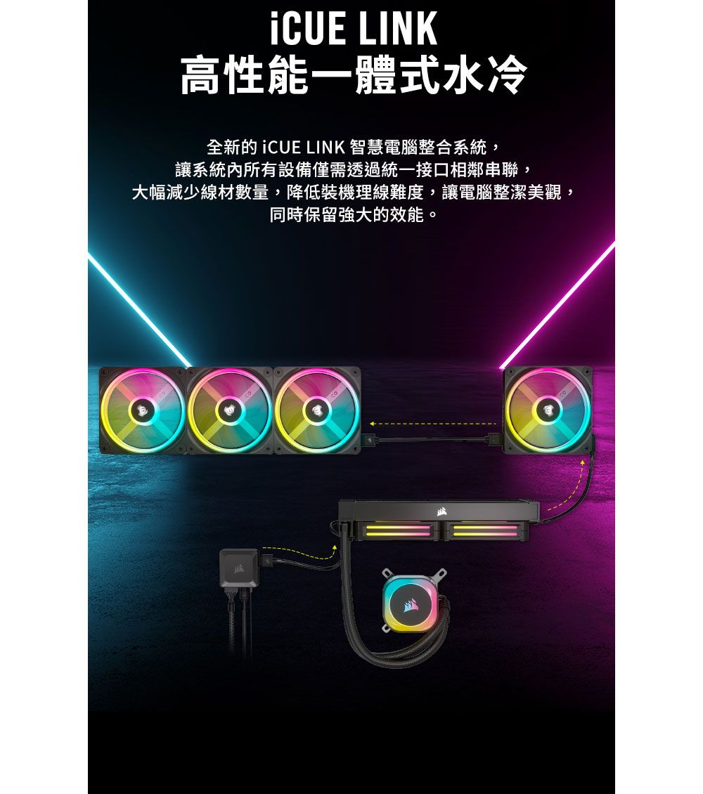 CUE LINK高性能一體式水冷全新的 iCUE LINK 智慧電腦整合系統,讓系統內所有設備僅需透過統一接口相鄰串聯,大幅減少線材數量,降低裝機理線難度,讓電腦整潔美觀,同時保留強大的效能。